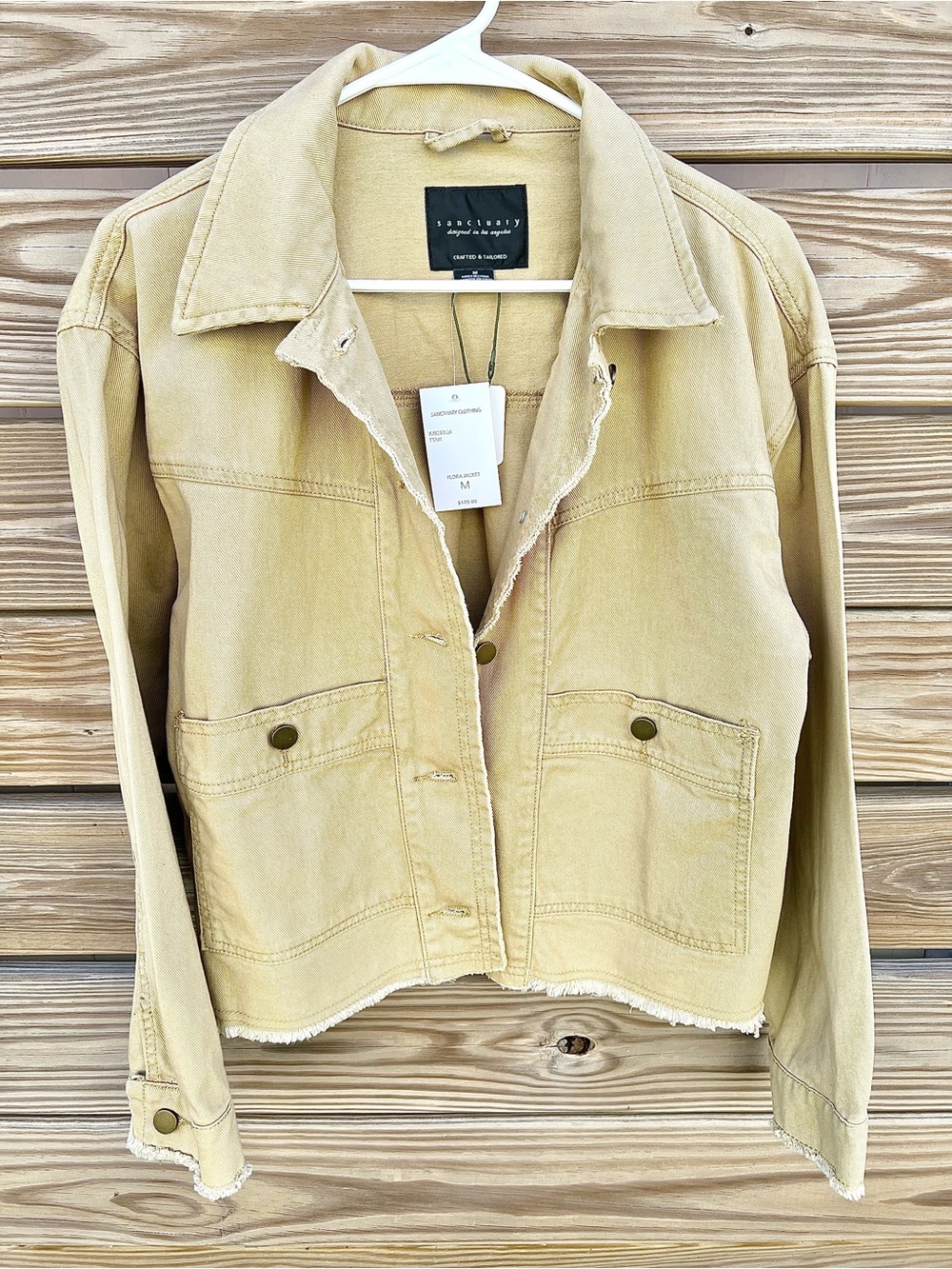 Sanctuary Tan Flora Denim Jacket Coat Cropped Utility Raw Hem Size M Women’s NWT